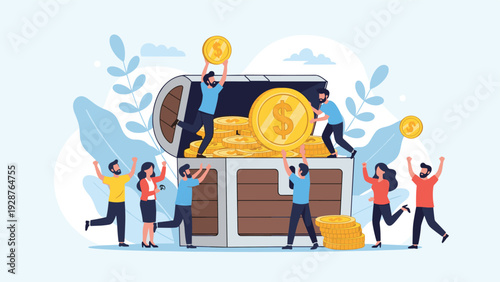 Group of happy people work together to fill a giant treasure chest with large gold coins celebrating financial success and savings.