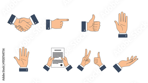 Professional business hand gestures vector collection featuring handshake, thumbs up, pointing finger, open palm, and holding document for corporate design.