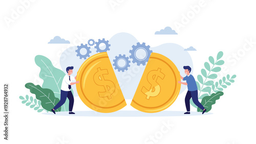 Two professional men work together to merge two halves of a giant gold coin with gears for financial cooperation and solutions.