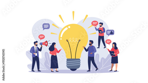 Diverse team of creative professionals collaborating around a large glowing light bulb to brainstorm and share innovative ideas for a new project.