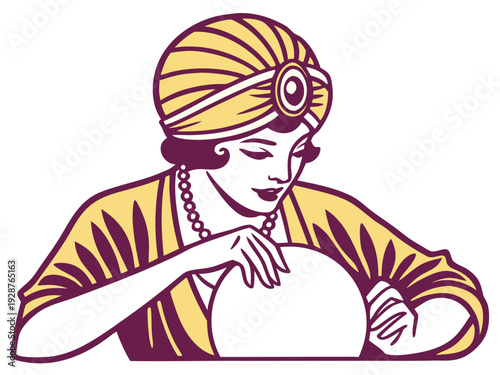 Fortune Teller Reading Crystal Ball Illustration, Mystical Woman with Turban Predicting Future, Astrology and Spiritual Esoteric Concept Vintage Style Vector Design