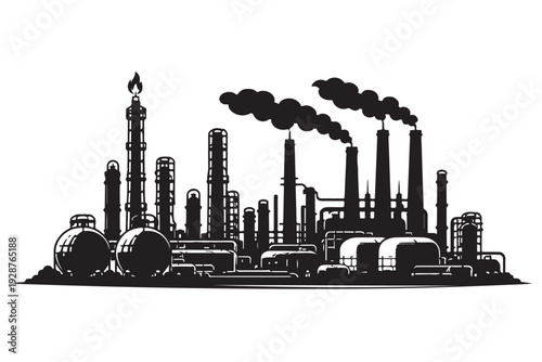 Industrial Refinery Silhouette, Vector Illustration, Isolated on White Background