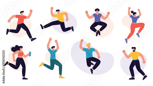 Large collection of diverse people in active jumping and running poses expressing high energy, health, and freedom in a minimalist modern style.