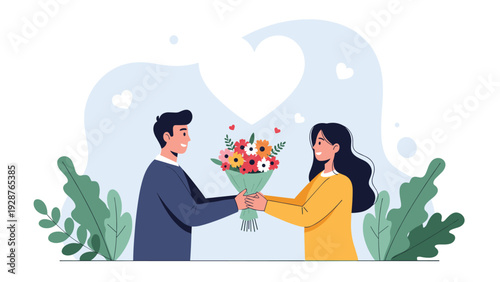 Romantic young couple sharing a happy moment together as a man gives a beautiful bouquet of colorful flowers to a woman against a heart background.