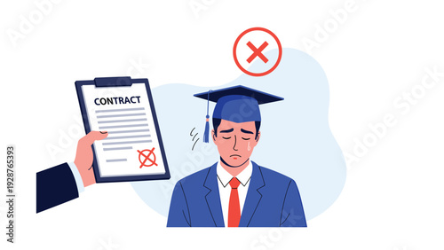 Depressed graduate student facing job rejection with a cancelled employment contract shown by a large red cross symbol on a business document.