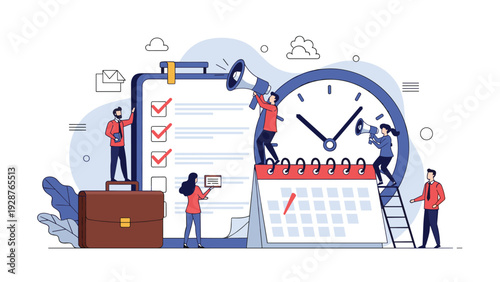 Productive business team working together on time management and project planning around a giant checklist, calendar, and large clock symbols.