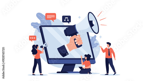 Digital marketing and public announcement concept featuring a giant megaphone coming out of a computer monitor screen with people listening around.