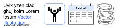 Fitness goals, financial planning, event scheduling, savings, strength training, annual review. Weightlifting icon, calendar labeled annual stack of coins. Fitness goals and financial planning