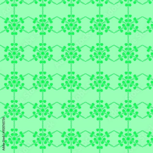 Green Floral Geometric Seamless Pattern on Light Green Background