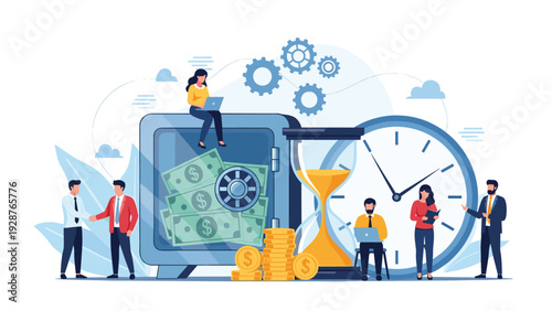Comprehensive financial management and time investment concept showing diverse people working around a large money safe, hourglass, and clock.