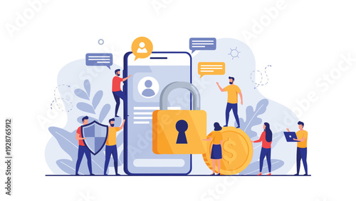 Team of cybersecurity professionals securing a giant mobile smartphone with a large yellow padlock and shield for data privacy protection tasks.
