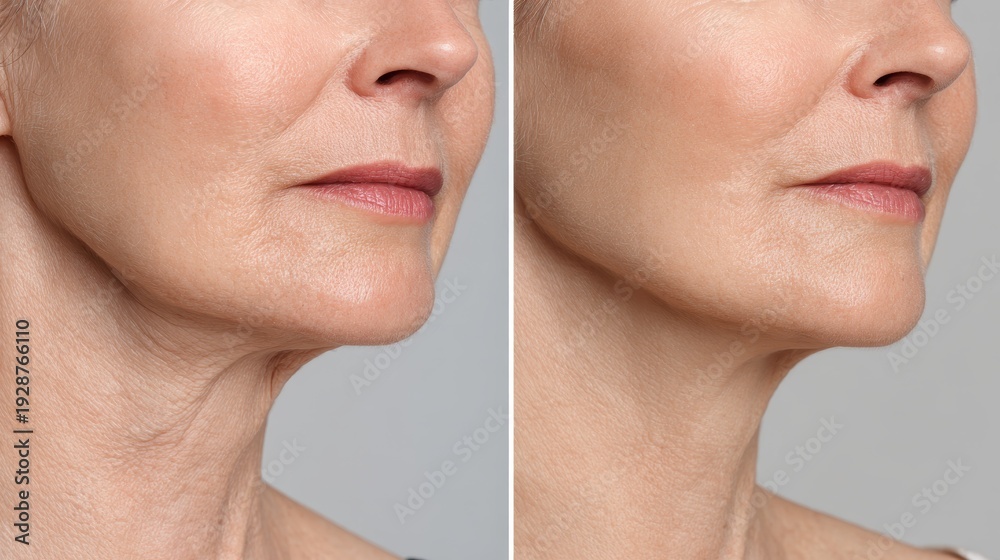 Obraz premium Profile of a 50 year old woman with fat neck and double chin emphasizes sagging skin care realistic aging facial lift and mature beauty in a closeup anti aging result comparison