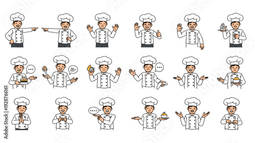 Comprehensive collection of professional chef character illustrations in multiple poses and kitchen activities for culinary and cooking themes.