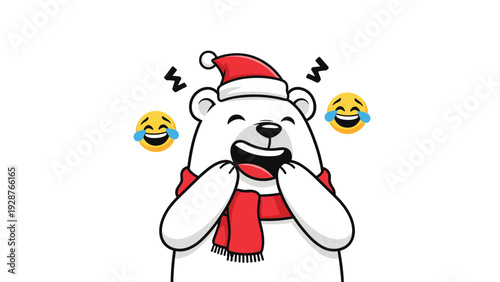 Joyful polar bear character wearing a red Santa hat and scarf laughing heartily with funny emojis on a clean and minimalist white background.