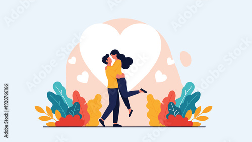 Romantic young couple embracing each other lovingly in front of a giant white heart and vibrant colorful autumn leaves on a light background.
