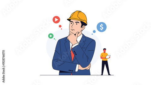 Pensive businessman wearing a safety helmet and thinking about media production, financial investment, and business development project ideas.