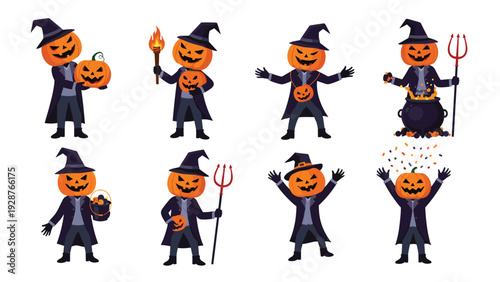 Collection of spooky Halloween pumpkin-headed characters in wizard robes performing various actions like potion making and magic spell casting.