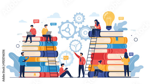 Team of professionals climbing stacks of books to reach high levels of knowledge and business innovation concepts.