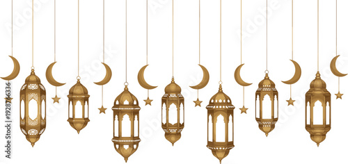 Set of Ornate Hanging Bronze Lanterns with Crescent Moons and Stars for Ramadan Kareem Eid Mubarak Greetings and Elegant Islamic Holiday Borders