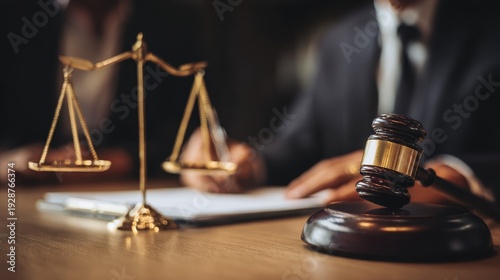 Meeting of male attorneys and female business professionals discussing legal concepts in a law office featuring a judge s gavel and scales of justice