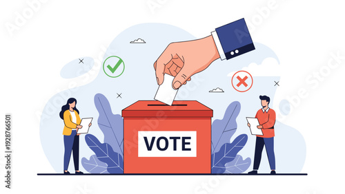 Large hand placing a ballot paper into a red voting box during an election with people observing the process.