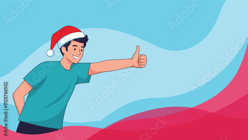 Cheerful young man wearing a red Santa hat giving a thumbs up gesture against a stylish wavy blue and pink background.