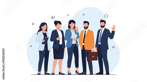 Team of five diverse business professionals in formal attire standing together to represent corporate collaboration.