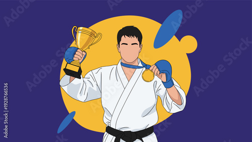 Victorious karate athlete in a white gi and black belt holding a gold trophy and wearing a winner medal after the match.