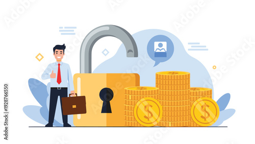 Professional businessman standing next to a large open padlock and stacks of coins representing financial security.