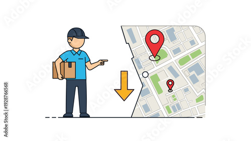 Delivery service courier carrying a cardboard box and pointing towards a street map with multiple location pins.