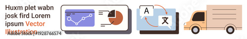 Data analysis, language translation, delivery logistics, digital tools, communication, e-commerce. Graph with chart, translation symbols and delivery truck. Data analysis and language translation