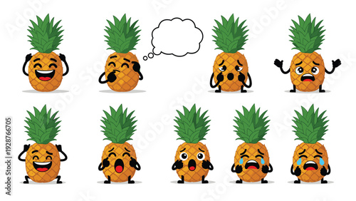 Collection of cute pineapple characters with various facial expressions representing different moods and emotions.