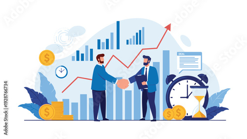 Two professional businessmen shaking hands in front of financial growth charts and a large blue alarm clock icon.
