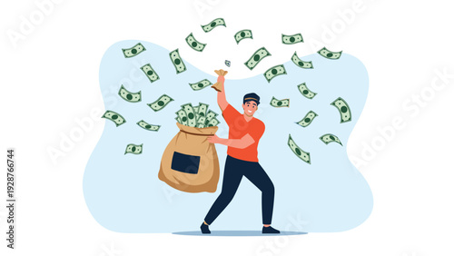 Happy young man holding a large bag of cash while celebrating success in a rain of falling green dollar banknotes.