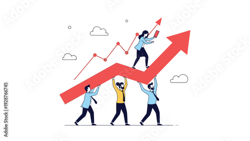 Group of dedicated business professionals working together to carry a large rising red arrow towards success.