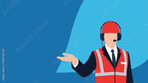 Professional industrial support worker wearing a safety helmet, vest, and headset giving an online presentation.