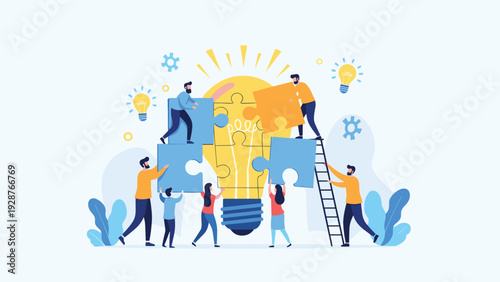 Collaborative team working together to assemble a giant light bulb puzzle representing shared innovative ideas.