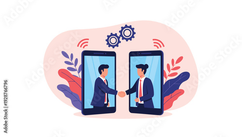 Two business people shaking hands through digital smartphone screens surrounded by colorful flowers and gears.