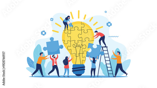 Team of collaborative workers assembling a large light bulb puzzle to symbolize the creation of innovative ideas.