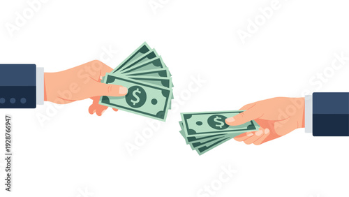 Close up of two business hands in suits exchanging fanned out green dollar bills for a payment transaction.