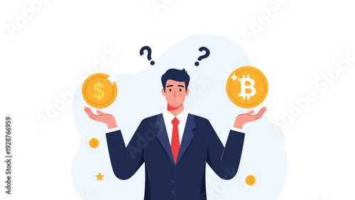 Perplexed businessman holding a golden dollar coin and a bitcoin coin while trying to make a financial choice.