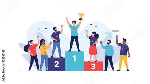 Group of diverse people standing on winners podium with gold cup and medals celebrating victory and success together.