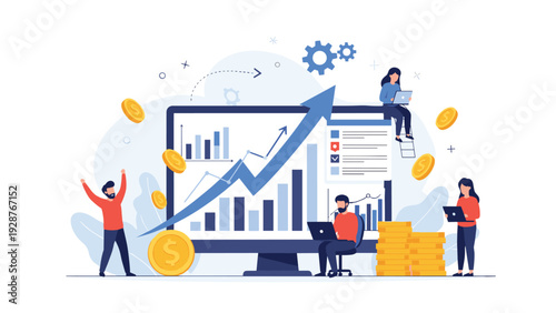 Business team working on financial growth and data analysis with giant computer monitor and increasing profit charts.