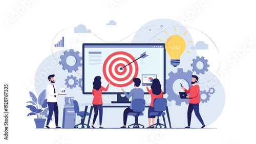 Business team brainstorming and working together to achieve a target goal on a giant monitor for success concept.