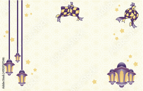Ramadan Background with Hanging Lanterns and Ketupat Illustration