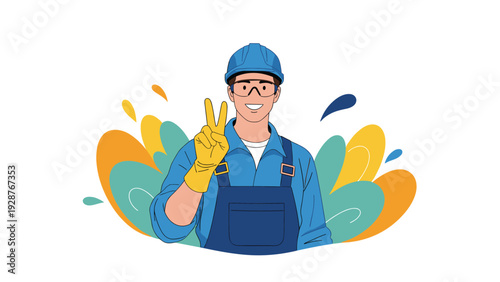 Happy construction worker wearing blue helmet and overalls showing peace sign against colorful abstract background.