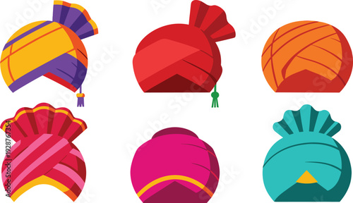 Colorful traditional Punjabi turbans vector illustration set, vibrant cultural headwear collection isolated on white background, Indian Sikh pagri fashion design elements