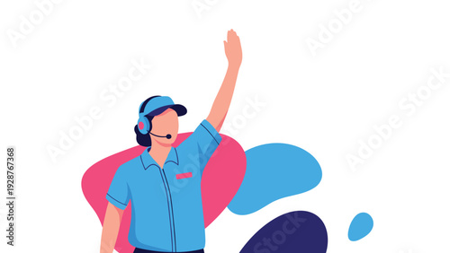 Female customer support agent wearing headset and blue uniform waving hand for friendly service and assistance.