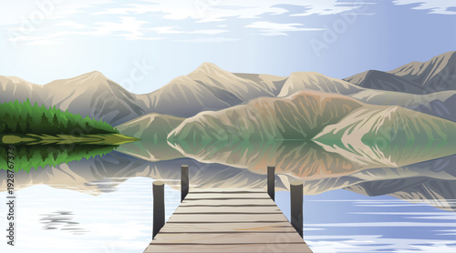 Serene Mountain Lake Landscape with Wooden Pier and Calm Water Reflection, Nature Vector Illustration.