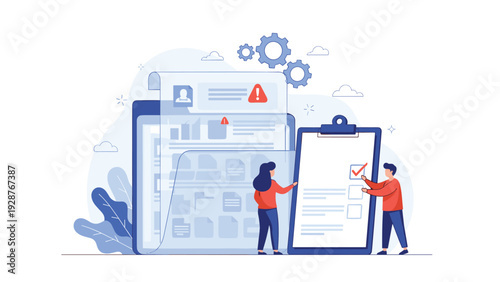 Team of tiny workers filling a giant checklist and document for quality control and project management concept.